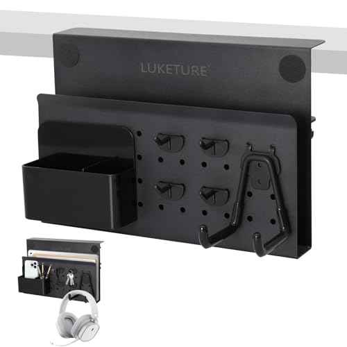 LUKETURE Desk Side Storage, No Drill Laptop Side Desk Mount, Steel Hanging Organizer, with Pegboard Accessories, Clamp on Laptop Holder for Office and Home, Fits Flat Edge Tables 0.3" to 2.8"