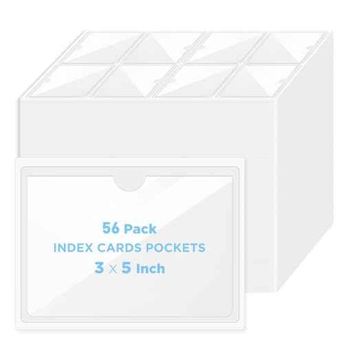 56 Pack Clear Self-Adhesive Pockets, 3" x 5" Index Card Pockets With Top Open Loading, PVC Label Holders for Organizing storage bins, Library Card, Drawer, and Protecting Your Cards