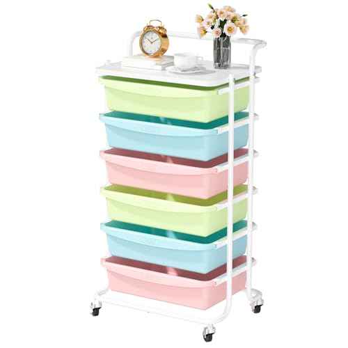 X1 Rolling Storage Cart with Drawers, Utility Cart with 6 Plastic Drawers, Storage Drawer Cart with Lockable Wheels, Multipurpose Movable Organizer Cart for Home, Bedroom, Office, School