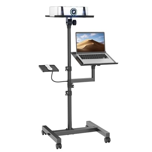 Projector and Laptop Stand Tripod, 2 Shelves Mobile Laptop Tripod Stand, Max 47" Height Adjustable Laptop Cart on Wheels, Projector Floor Stand with Ventilated Tray for Podium, Meeting, Couch
