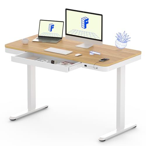 FLEXISPOT Comhar 48-Inch Maple Wood Electric Standing Desk with Drawers, White Frame