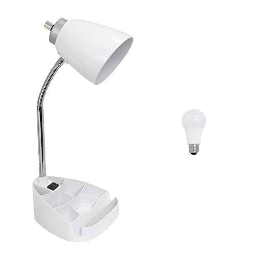 Simple Designs LD1057-WHT-LB 18.5" Gooseneck Organizer Desk Lamp with iPad Tablet Stand Book Holder and Charging Outlet, with LED Bulb, White