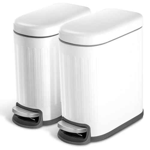 Home Zone Living 2-Pack 1.3 Gallon Small White Bathroom Trash Can with Lid and Step Pedal, Stainless Steel Wastebasket with Slim Ribbed Design for Home and Office, 5 Liters