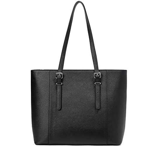 Telena 15.6 Inch Laptop Tote Bag for Women, Black Leather Briefcase, Large Capacity