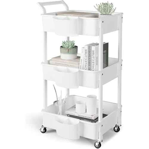 3-Tier Utility Rolling Cart,Mobile Utility Cart with Lockable Caster Wheels,Storage Shelves Organizer Cart, 3 Hanging Baskets, Easy Assembly,for Bathroom, Kitchen, Office, Workshop