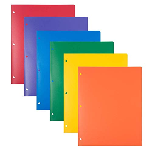 JAM Paper Heavy Duty Plastic Pocket Folders 6-Pack - Assorted Colors, 3-Hole Punch, 9.5 x 11.6 inches