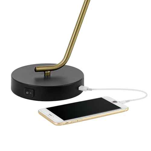 Globe Electric 52095 Belmont 17" Desk Lamp, Matte Black, Antique Brass Accents, Fast Charging USB Port, Rocker On/Off Switch