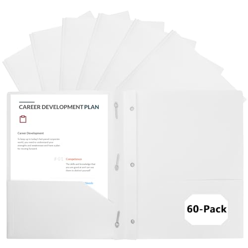 60-Pack Plastic Folders with Pockets and Prongs,2-Pocket Folders with 3 Fasteners, Poly Folders Holds 8-1/2" x 11" Paper for School/Office/Home, White