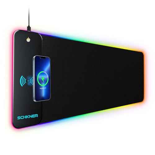RGB Gaming Mouse Pad with Wireless Charging 15W, Large Desk Mat 800x300x4mm, 10 Light Modes Keyboard Pad with Non-Slip Rubber Base, Waterproof Mousepad for Gaming PC MacBook Laptop