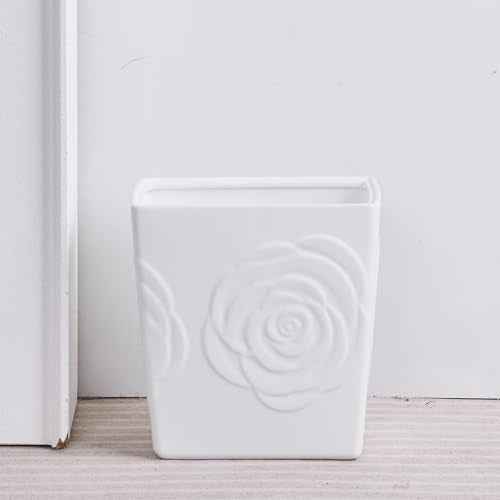 White Ceramic Rose Small Bathroom Trash Can 2.5 Gal (9 Liter), Heavy Small Kitchen Garbage Bin, Living Room Bedroom Corner Trash Can, Decorative Wastebasket for Outdoor Garden, Home Office,Hotel Motel