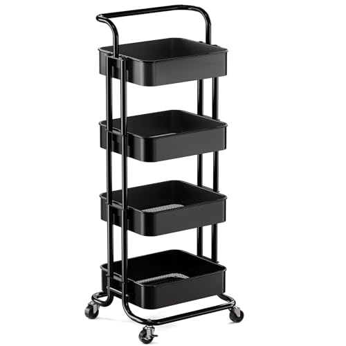Pipishell 4 Tier Mesh Utility Cart, Rolling Metal Organization Cart with Handle and Lockable Wheels, Multifunctional Storage Shelves for Kitchen Living Room Office White, PIUC12W