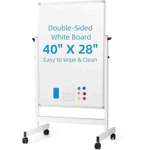 Rolling Dry Erase Board, 40¡± x 28¡± Magnetic Double Sided Whiteboard with Stand, Height Adjustable Portable Whiteboard on Wheels, Mobile White Board for Office, Home, Classroom, White