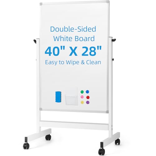 VOWNER 40x28 White Double-Sided Magnetic Rolling Whiteboard, Height Adjustable