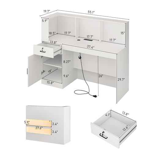 55" Reception Desk with LED Lights Power Outlets,L-Shaped Modern Front Desk Reception Room Table with Cable Grommet,Lockable Drawers,Retail Checkout Counter for Lobby,Salon,Home Office Desk,White