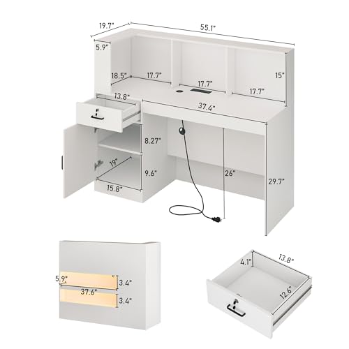 Hlivelood White 55-Inch Reception Desk with LED Lights, Lockable Drawers & Power Outlets