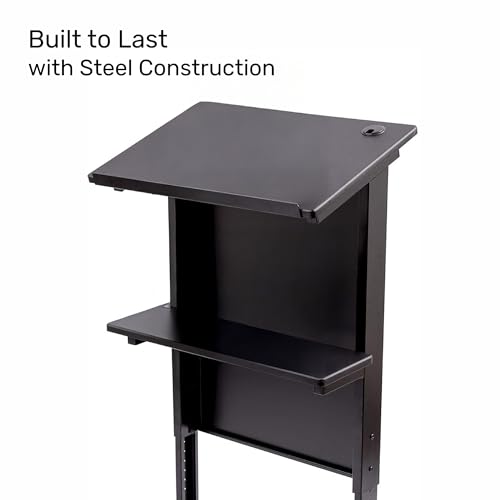 S Stand Up Desk Store Mobile Adjustable Height Lectern Podium – Black Frame, Black Shelves