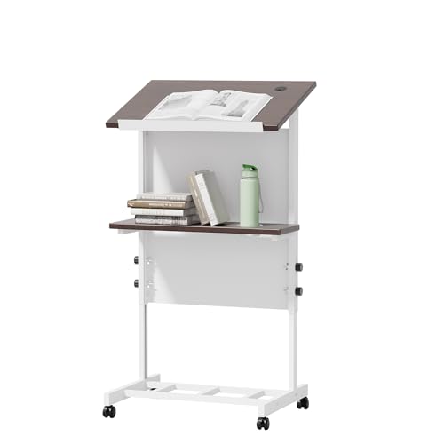 LayBurst Podium Stand Portable Lectern with 7-Position Height, Cup Holder & Shelf - White