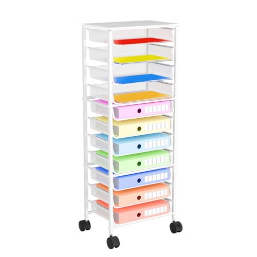 Simple Trending 12 Tier Rolling File Cart,Wood Desk File Organizer with Sliding Trays and Wetal Mesh Paper Letter Storage Multi-Functional Rolling Clutter Cart for Office, Home, School,White