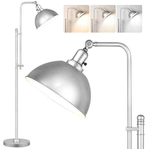 PARTPHONER Industrial Floor Lamp Adjustable, Farmhouse Reading Lamp in Silver Finish Modern Standing Lamp with Remote Control Metal Shade for Living Room Bedroom Study Room Office Hotel