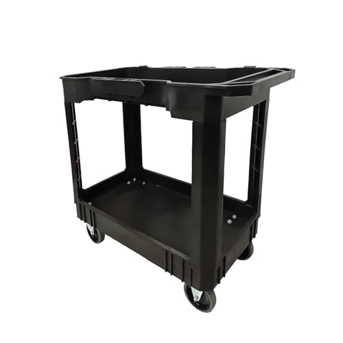 Aain 2 Shelf Heavy Duty Plastic Utility Cart, Supports Up to 500 Pound Black Rolling Utility Cart. 34 x 17 Inch Service Cart, 2 Fixed 2 Swivel Wheels, Ergonomic Handle Great for Warehouse, Garage.