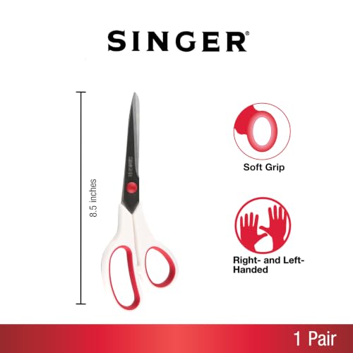 SINGER 8.5 Inch Fabric Scissors with Comfort Grip - Dressmaker Shears, Red & White, 1-Pack