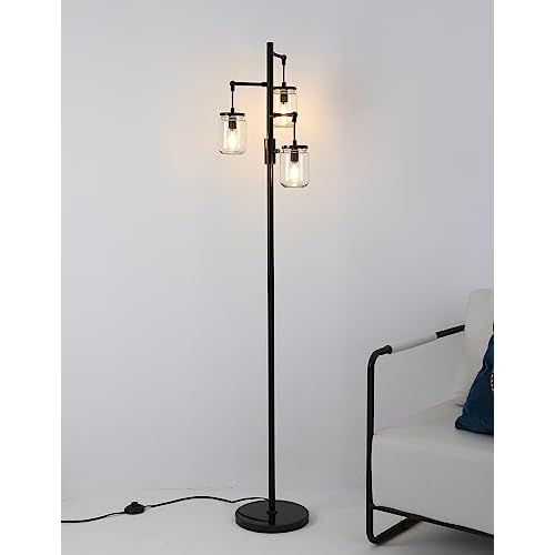 Dimmable Floor Lamp,Industrial Floor Lamp,Black Tree Lamp Standing Lamp Tall Lamps with 3 Elegant Glass Lampshades & 800 Lumens LED Bulbs for Living Room Bedroom Office (Black-A-Style)