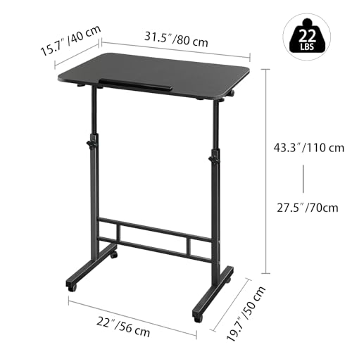 Aconcept Tiltable Small 32 x 16 inch Standing Desk, Black Sit Stand Up Rolling Desk with Wheels, Height Adjustable 25-44" for Tablet Laptop and Walking Pad