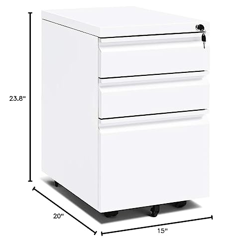 INTERGREAT White 3-Drawer Mobile Filing Cabinet with Lock (Assembled) – Under-Desk Metal File Cabinet on Wheels, 23.8" H