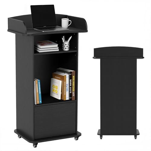 Baoz Podium Stand Portable with Wheels - Black Lectern with 3-Tier Storage, Lockable Cabinet