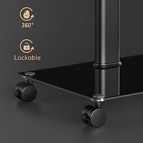 FITUEYES Mobile TV Stand with Wheels for 32-60 65Inch Screen, Rolling TV Floor Stand with Mount, TV Cart with Black Tempered Glass Base & Wire Management, Holds 66 lbs