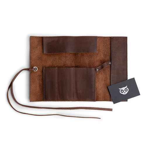 Hide & Drink, Rustic Leather Pencil Roll Pouch, Multi-Purpose Storage Wrap for Scissors, Earphones, Organizer for Craft, Work, Handmade (Bourbon Brown)