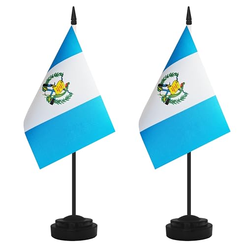 Yamiuo 2 Pack Guatemala Desk Flag Set with Black Pole & Base - Small Miniature Office & Classroom Decor