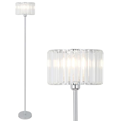 HMVPL Crystal Floor Lamp, Chrome Pole Floor Lamp with K9 Crystal Shade, Silver Standing Lamp with On/Off Switch, Modern Corner Tall Lamp for Living Room Bedroom Nursery Office Home Decor