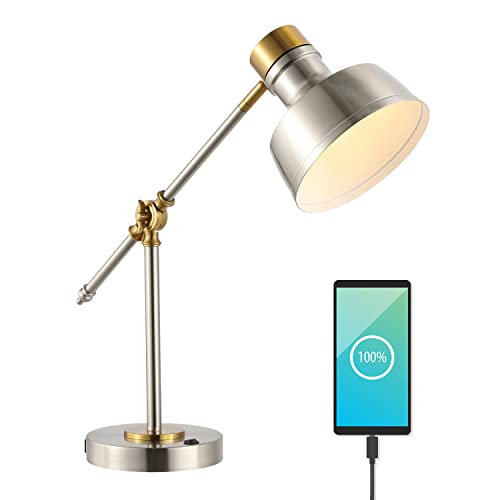 JONATHAN Y JYL7124B Allegra 18.5" Adjustable Cantilever LED Task Lamp, USB Charging Port, Classic, Coastal, Industrial, Farmhouse, Traditional for Bedroom, Living Room, Office, Nickel/Brass Gold