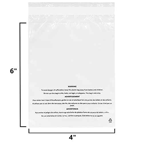 Poly Bags with Suffocation Warning Permanent Adhesive FBA Compliant for Packaging Clothes, Shirts and More - 1.5mil LDPE Plastic, 4 inch 6 (PP-100-4x6)