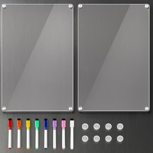 LANDNEOO 2 Pack 12x8 Acrylic Magnetic Whiteboards for Fridge, Dry Erase Menu & Planning Boards with 8 Markers