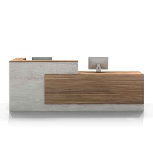 L-Shaped Reception Desk with Counter and Lockable Drawers and Storage,Modern Front Desk Reception Counter for Checkout, Lobby, Beauty Salon (Glacial Grey_A, Right_87*24 * 41IN)