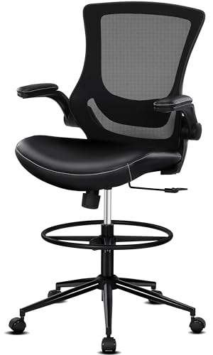 Misolant Black Tall Office Chair for Standing Desk with Footrest, PU Leather Reclining Drafting Chair, Adjustable Lumbar Support