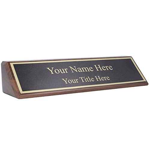 ExcelMark Personalized Walnut Wood Business Desk Black Name Plate with Gold Letters - 2"x 8"
