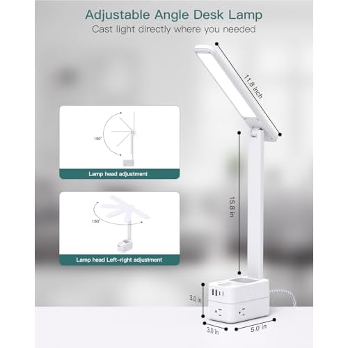Addtam LED Desk Lamp with Pen Holder, Study Lamps with 3 Outlets 4 USB Charging Ports(2 USBC), 3 Color Modes Desk Light Touch Lamp, Small Desk Lamps for Home Office College Dorm Room Essentials