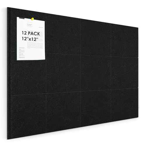 Cork Board for Wall,48"x36" 12 Pack Felt Wall Tiles with Safe Removable Adhesive Tabs, Bulletin Boards for Home Office Kitchen, Pin Board Notice Board for Photos, Memos, Black