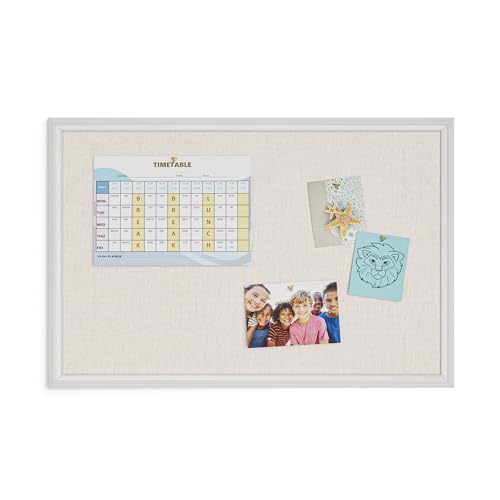 U Brands Farmhouse Linen Bulletin Board, 30"x20", White Wood Style Frame, Includes Push Pins