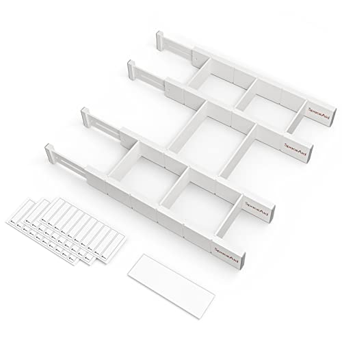 SpaceAid Bamboo Drawer Dividers with Inserts and Labels, Kitchen Adjustable Drawer Organizers, Expandable Organization for Home, Office, Dressers, 4 Dividers with 9 Inserts (17"-22" White)