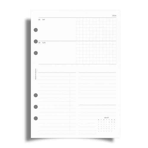 Cloth & Paper 2026 Dated Weekly Planner Inserts - Monday Start | A5 Size 5.8 x 8.3 Inches | Horizontal Weekly Layout, 215 | Minimal Agenda Refill | 6 Ring A5 Binder Planner Inserts