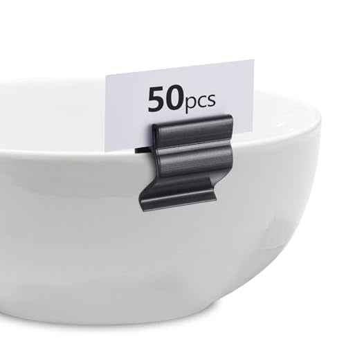 50 Pcs Black Sign Clip Food Tray Label Holder Plastic Buffet Food Label Clip Reusable Price Tag Tray Sign Holder for Bake Sale Gathering Retail Merchandise Display, Card and Bowl Not Included