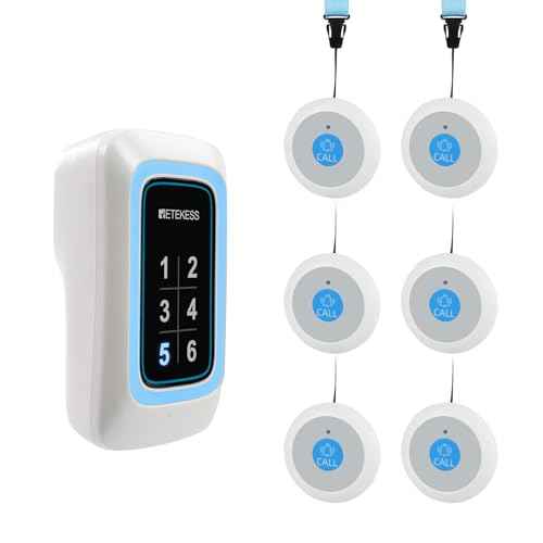 Retekess TH109N Call Button for Elderly at Home,Caregiver Pager, 850ft,Low Battery Reminder,LED Number Display, 1 Plug-in Receiver 6 Panic Buttons for Elderly at Hospital, Nursing Station