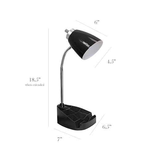 Simple Designs LD1057-BLK-LB 18.5" Gooseneck Organizer Desk Lamp with iPad Tablet Stand Book Holder and Charging Outlet, with LED Bulb, Black