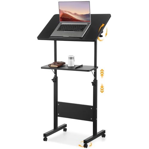 Joyoolife Adjustable Rolling Podium Stand with Locking Wheels, 42.3-50in, Black