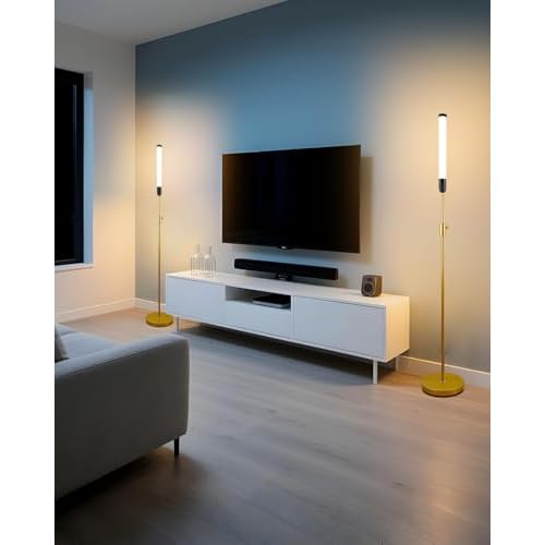 68" LED Floor Lamp for Living Room, Stepless Dimmable(10-100% Brightness) Standing Tall Lamps for Bedroom/Office, Industrial Floor Lamp, Mid Century Floor Lamps with Foot Switch-Gold