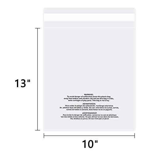 10" x 13" (100 Count) Self Seal Clear Poly Bags with Suffocation Warning for Packaging, Shipping, Clothing, Shirts & FBA - Resealable Adhesive